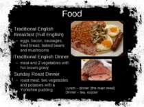 Food Traditional English Breakfast (Full English) eggs, bacon, sausages, frie...