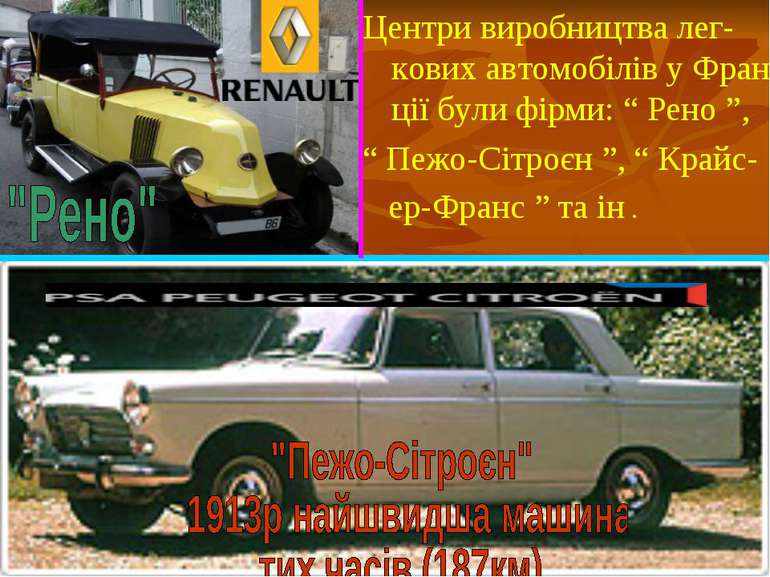 Центри виробництва лег-кових автомобілів у Фран-ції були фірми: “ Рено ”, “ П...
