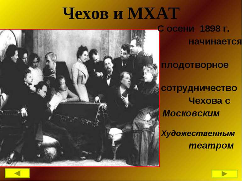 Чехов и МХАТ С осени 1898 г. начинается плодотворное сотрудничество Чехова с ...