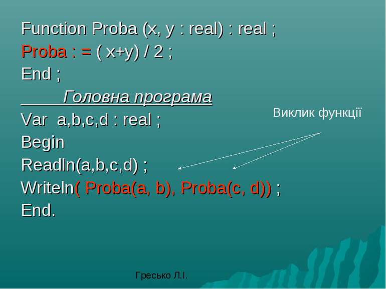 Function Proba (x, y : real) : real ; Proba : = ( x+y) / 2 ; End ; Головна пр...