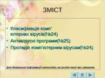 ЗМІСТ Класифікація комп’ютерних вірусів(№24) Антивірусні програми(№25) Протид...