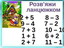 2 + 5 8 – 3 9 – 4 7 – 2 7 + 3 10 – 10 1 + 1 6 + 2 2 + 7 11 – 1 Розв’яжи ланцю...
