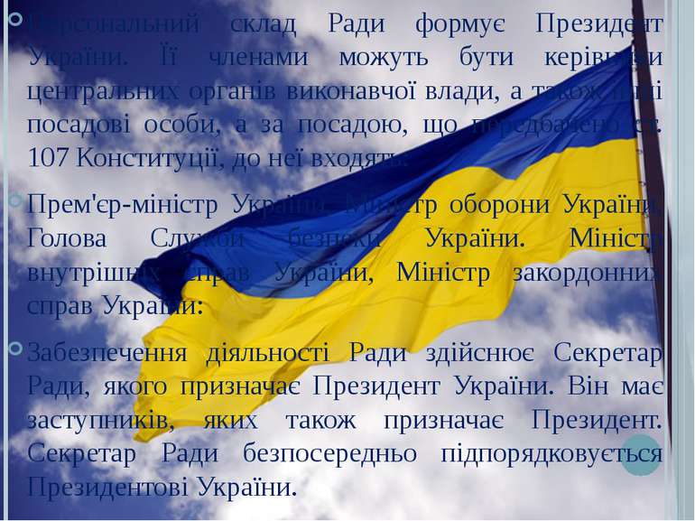 Персональний склад Ради формує Президент України. Її членами можуть бути кері...