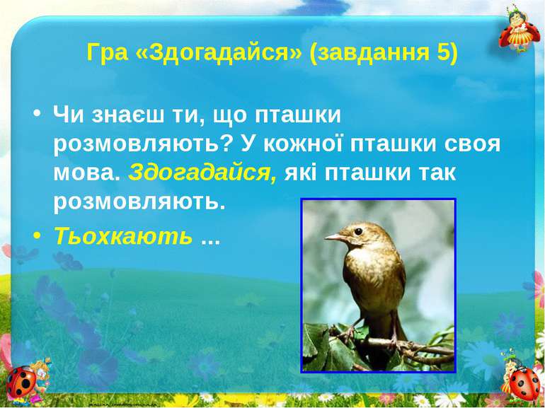 Гра «Здогадайся» (завдання 5)Чи знаєш ти, що пташки розмовляють? У кожної пта...