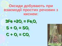 Оксиди добувають при взаємодії простих речовин з киснем: 3Fe +2O2 = Fe3O4 S +...
