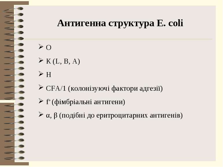 Антигенна структура E. coli О К (L, B, A) H CFA/1 (колонізуючі фактори адгезі...