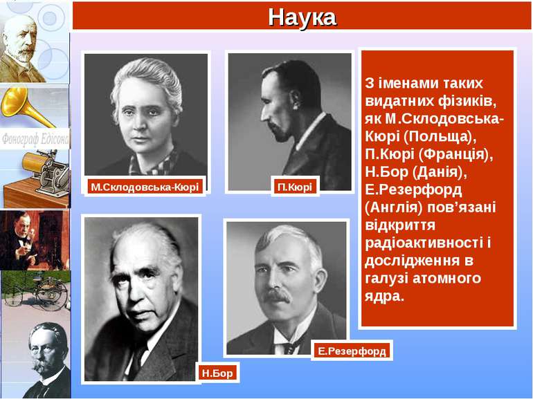 З іменами таких видатних фізиків, як М.Склодовська-Кюрі (Польща), П.Кюрі (Фра...