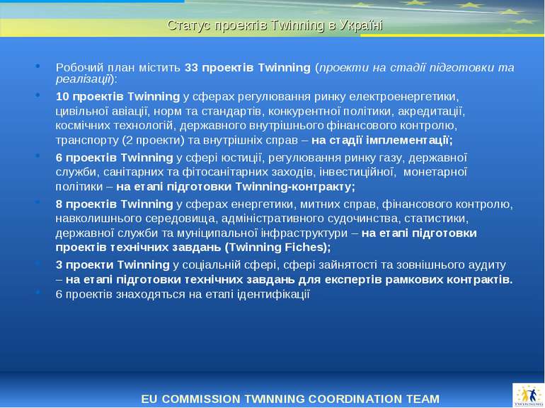 * Статус проектів Twinning в Україні Робочий план містить 33 проектів Twinnin...