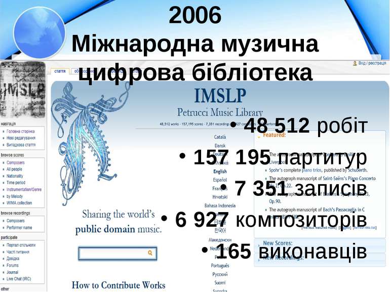 2006 Міжнародна музична цифрова бібліотека 48 512 робіт 157 195 партитур 7 35...