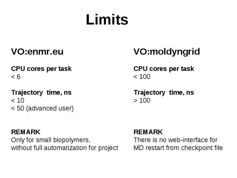 Limits VO:enmr.eu CPU cores per task < 6 Trajectory time, ns < 10 < 50 (advan...