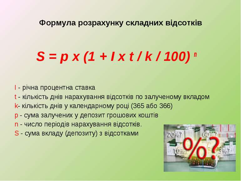Формула розрахунку складних відсотків S = p x (1 + I x t / k / 100) n   I - р...
