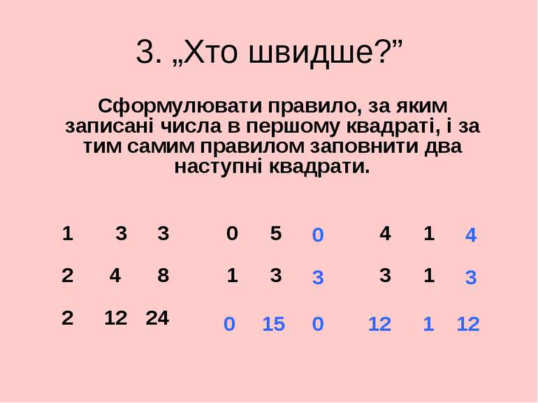 3. „Хто швидше?” Сформулювати правило, за яким записані числа в першому квадр...