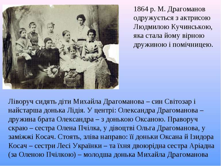 1864 р. М. Драгоманов одружується з актрисою Людмилою Кучинською, яка стала й...