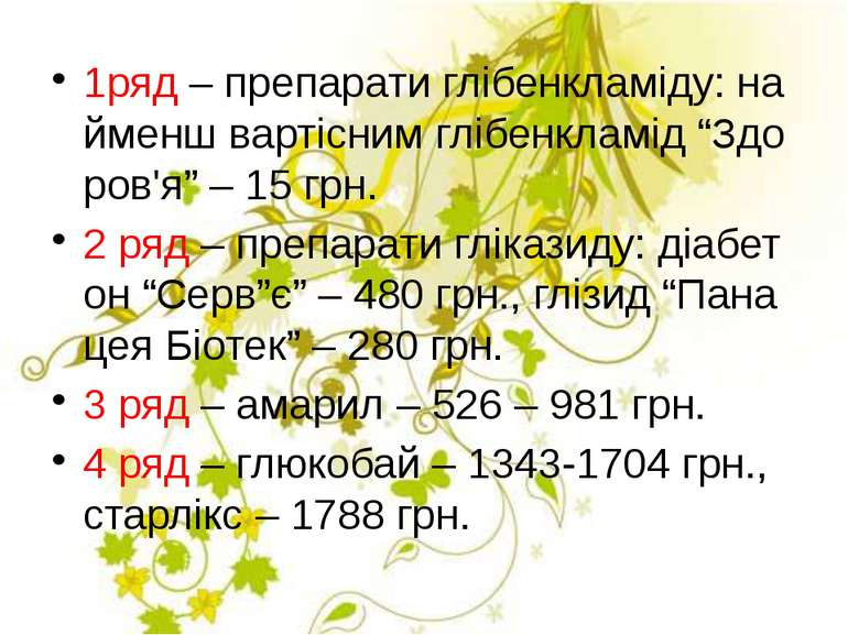 1ряд – препарати глібенкламіду: найменш вартісним глібенкламід “Здоров'я” – 1...