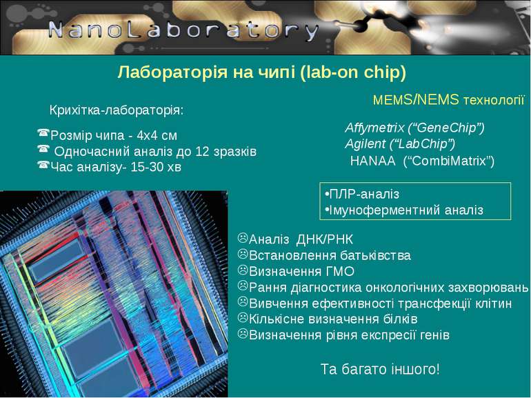 Лабораторія на чипі (lab-on chip) Розмір чипа - 4х4 см Одночасний аналіз до 1...