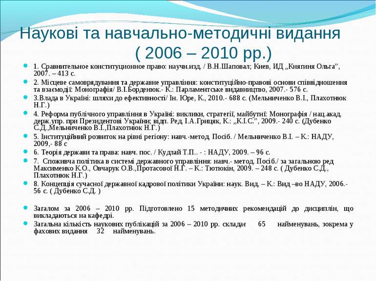 Наукові та навчально-методичні видання ( 2006 – 2010 рр.) 1. Сравнительное ко...