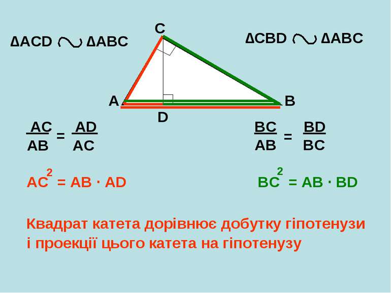 A B C D ∆АCD ∆АВС ∆CBD ∆АВС ВС = АВ BC = AB ∙ BD 2 AC = AB AC = AB ∙ AD 2 Ква...