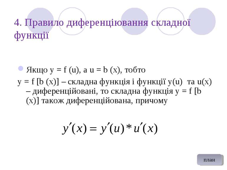 4. Правило диференціювання складної функції Якщо у = f (u), а u = b (x), тобт...