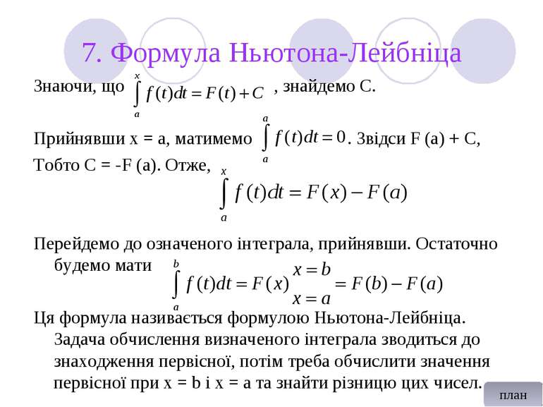 7. Формула Ньютона-Лейбніца Знаючи, що , знайдемо С. Прийнявши х = а, матимем...