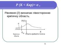 Р (K < Kкр)= α , Рівняння (2) визначає лівосторонню критичну область.