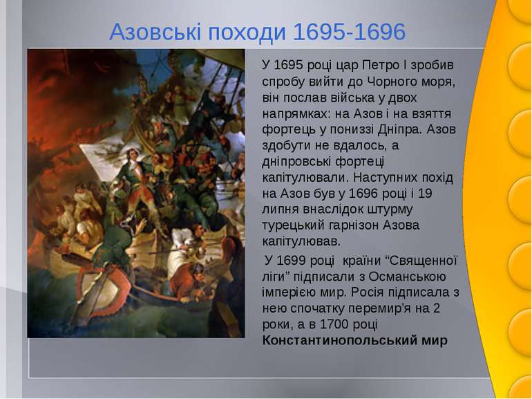Азовські походи 1695-1696 У 1695 році цар Петро І зробив спробу вийти до Чорн...