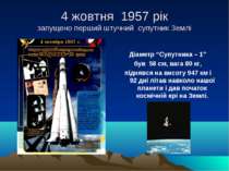 4 жовтня 1957 рік запущено перший штучний супутник Землі Діаметр “Супутника –...
