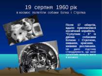 19 серпня 1960 рік в космос полетіли собаки Білка і Стрілка Після 17 обертів,...