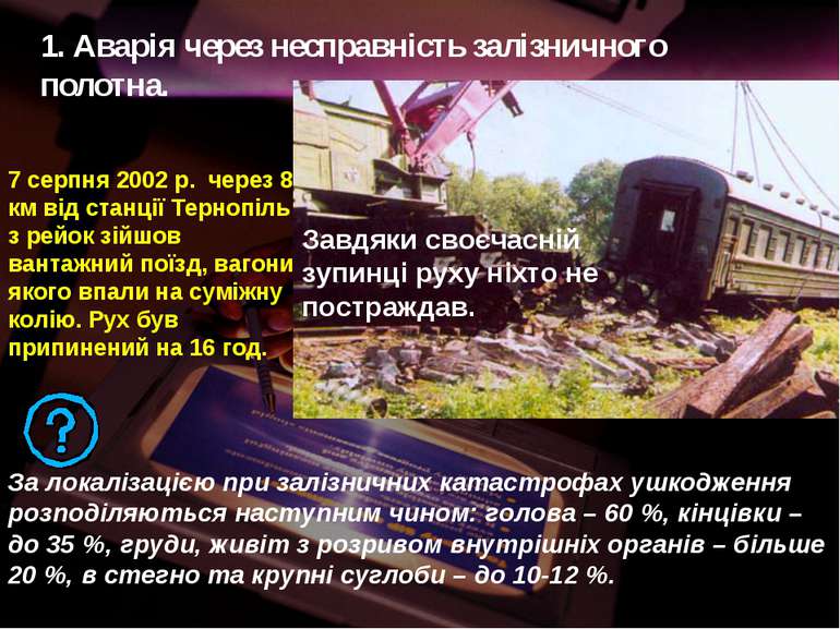 7 серпня 2002 р. через 8 км від станції Тернопіль з рейок зійшов вантажний по...