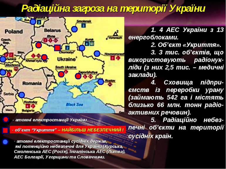 Радіаційна загроза на території України 1. 4 АЕС України з 13 енергоблоками. ...