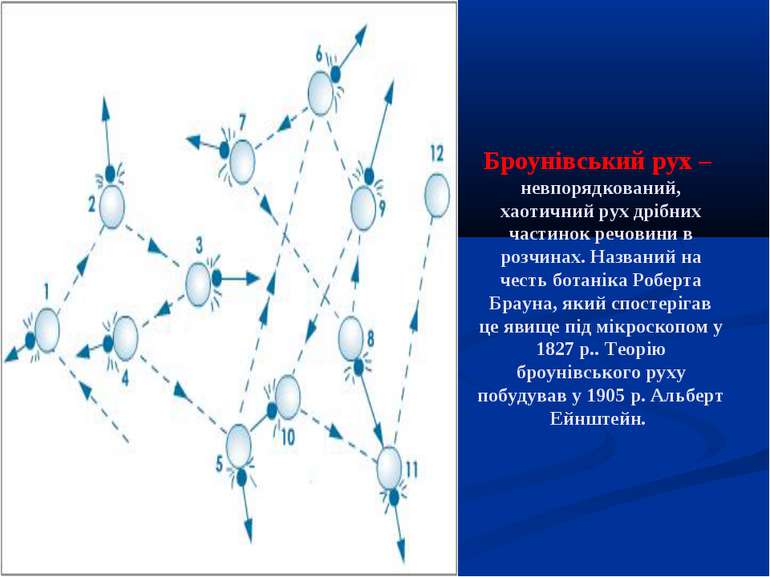 Броунівський рух – невпорядкований, хаотичний рух дрібних частинок речовини в...