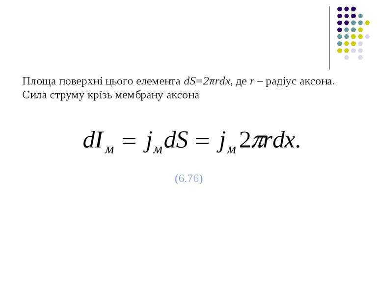 Площа поверхні цього елемента dS=2πrdx, де r – радіус аксона. Сила струму крі...