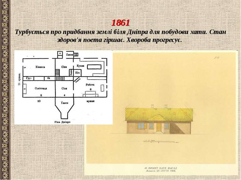 1861 Турбується про придбання землі біля Дніпра для побудови хати. Стан здоро...