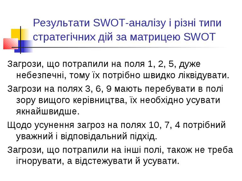 Результати SWOT-аналізу і різні типи стратегічних дій за матрицею SWOT Загроз...