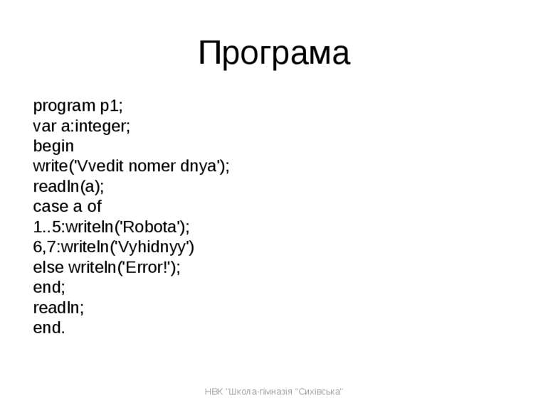 Програма program p1; var a:integer; begin write('Vvedit nomer dnya'); readln(...