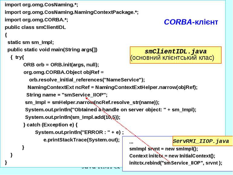 CORBA-клієнт import org.omg.CosNaming.*; import org.omg.CosNaming.NamingConte...