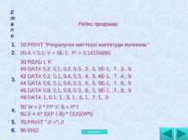 Етапи Рядки програми 1. 10 PRINT "Розрахунок миттєвої амплітуди коливань" 2. ...