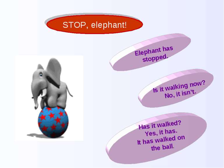 STOP, elephant! Elephant has stopped. Is it walking now? No, it isn’t. Has it...