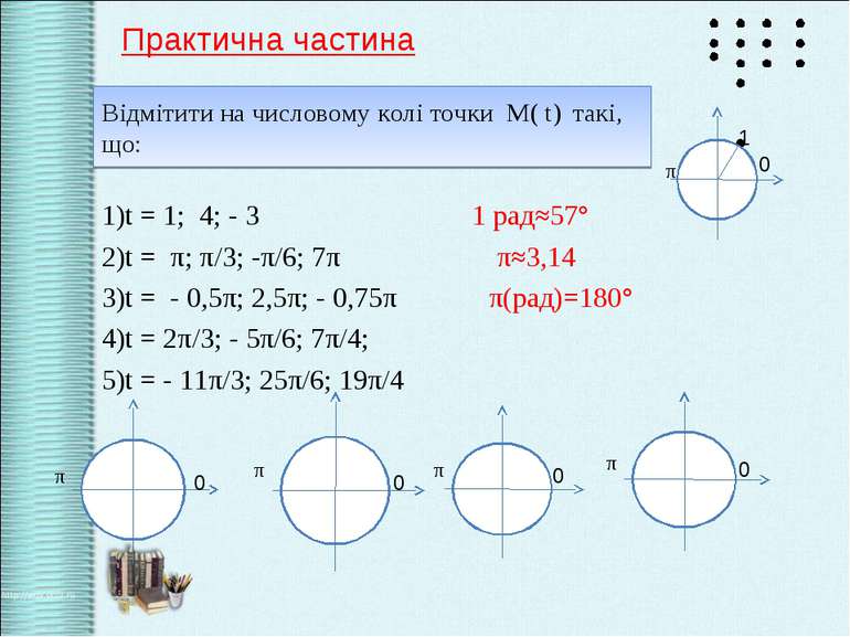 Відмітити на числовому колі точки М( t) такі, що: 1)t = 1; 4; - 3 1 рад≈57° 2...