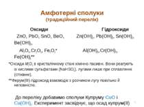 Амфотерні сполуки (традиційний перелік) Оксиди Гідроксиди ZnO, PbO, SnO, BeO,...