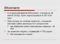 ВКонтакте В соціальній мережі ВКонтакте, станом на 24 квітня 2010р. було заре...