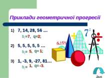 Приклади геометpичної прогресії 1) 7, 14, 28, 56 … b1=7, q=2; 2) 5, 5, 5, 5, ...