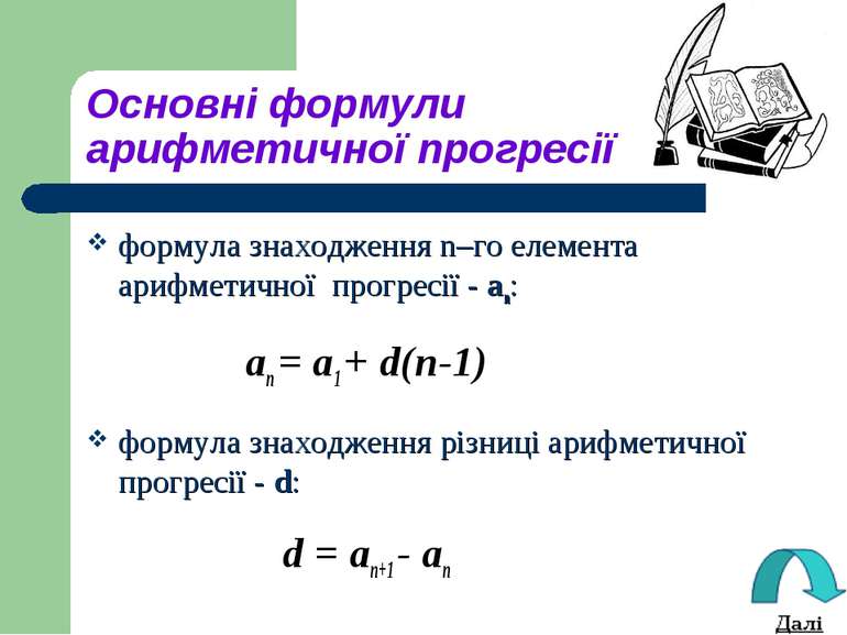 Основні формули арифметичної прогресії формула знаходження n–го елемента ариф...