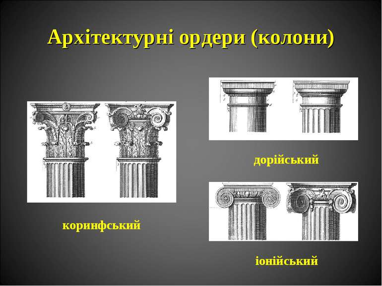 Архітектурні ордери (колони) коринфський дорійський іонійський
