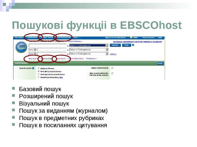 Пошукові функціі в EBSCOhost Базовий пошук Розширений пошук Візуальний пошук ...