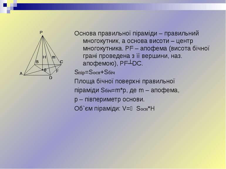 Основа правильної піраміди – правильний многокутник, а основа висоти – центр ...