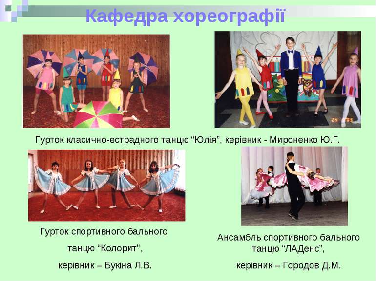 Кафедра хореографії Гурток класично-естрадного танцю “Юлія”, керівник - Мирон...