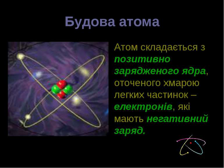 Будова атома Атом складається з позитивно зарядженого ядра, оточеного хмарою ...