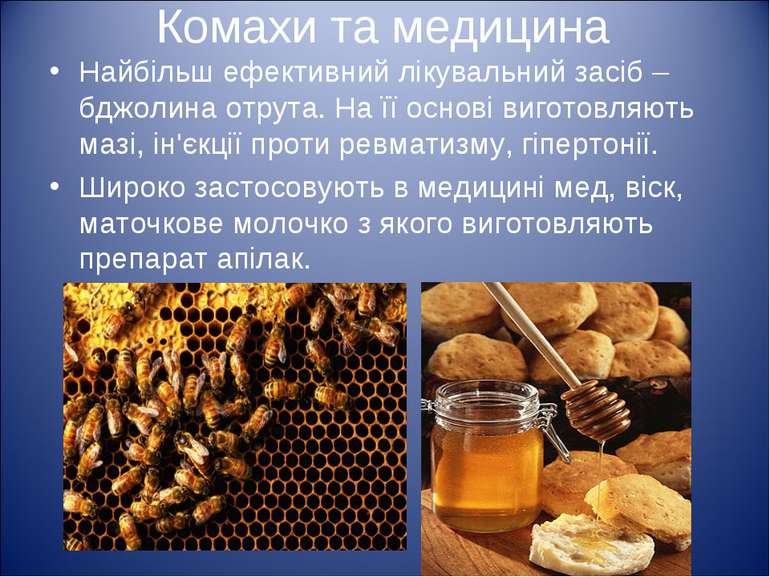 Комахи та медицина Найбільш ефективний лікувальний засіб – бджолина отрута. Н...