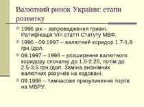 Валютний ринок України: етапи розвитку 1996 рік – запровадження гривні. Ратиф...