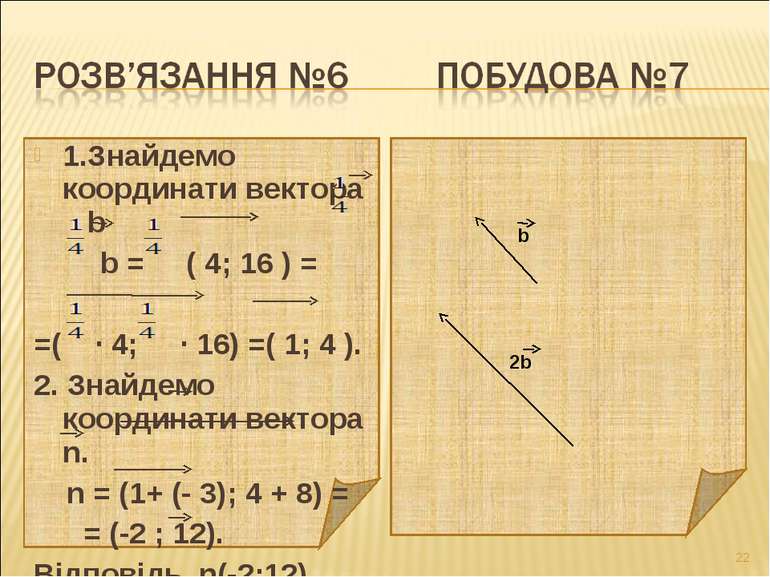 1.Знайдемо координати вектора b b = ( 4; 16 ) = =( ∙ 4; ∙ 16) =( 1; 4 ). 2. З...